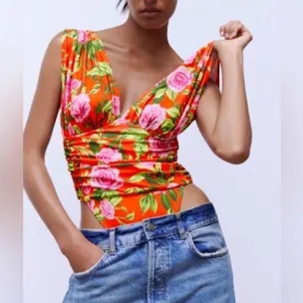 Zara Orange Floral V Neck Draped Bodysuit small